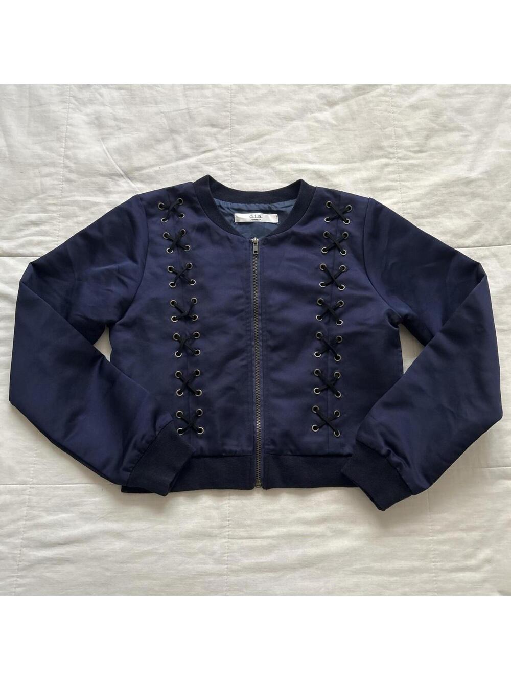 Y2K D.I.A. Navy Blue Satin Lace Up Bomber Jacket Gyaru Small